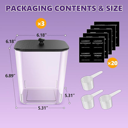 Moforoco 3 Pcs Laundry Pods Container, Clear Laundry Room Organization Containers,Large Detergent Powder Storage, Black Wooden Lids & Labels