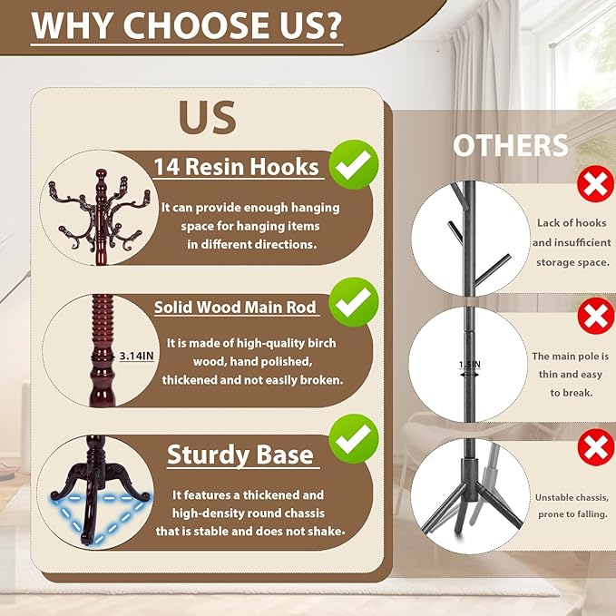 Solid Wooden Coat Rack Stand, Coat Racks Freestanding with 14 Hooks, Natural Birch Wood Coat stands with Sturdy Triangle Base, Coat Hanger Standing for Entryway Bedroom Office (Redwood triangle)