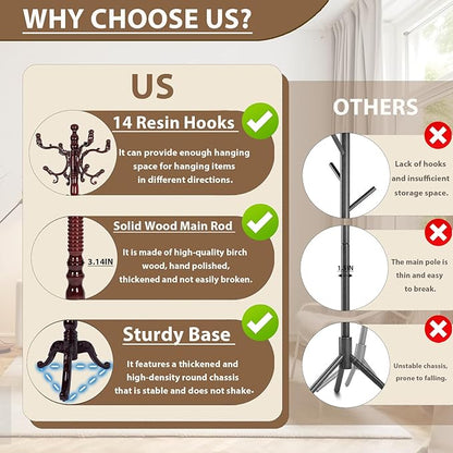Solid Wooden Coat Rack Stand, Coat Racks Freestanding with 14 Hooks, Natural Birch Wood Coat stands with Sturdy Triangle Base, Coat Hanger Standing for Entryway Bedroom Office (Redwood triangle)