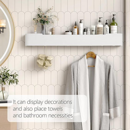 Coat Rack Wall Mount with Shelf 8 Hidden Hooks Modern Wooden Key Holder Entryway Organizer for Hallway Bedroom Bathroom Home Decor Storage for Hanging Coats Hats Bags Towels, White