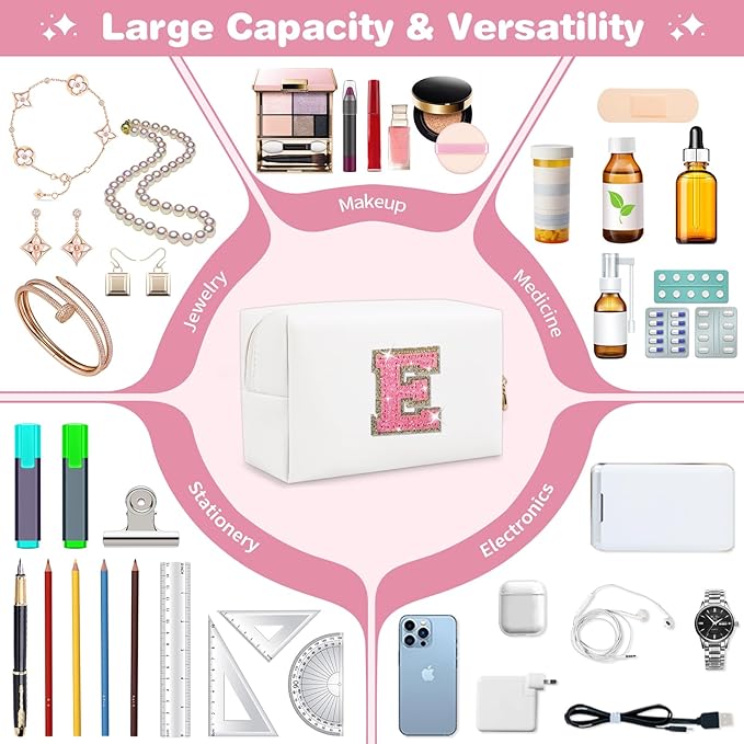 Small Initial Patch Makeup Bag Personalized Gifts Make Up Bag,White Cute PU Leather Glitter Letter Cosmetic Bag with Zipper,Trendy Portable Travel Toiletry Pouch,Preppy Stuff for Teen Girls Women E