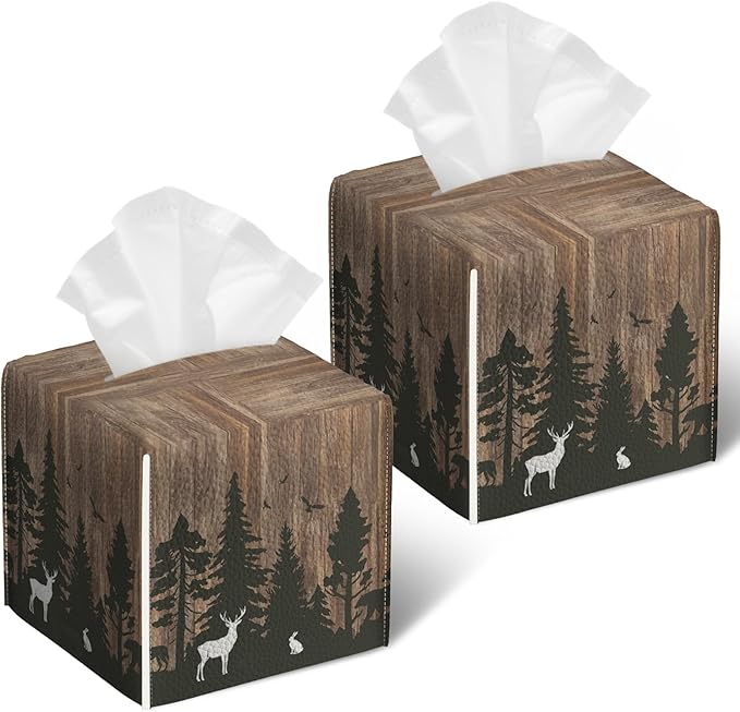Deer Forest Wood Grain Tissue Box Cover 2PCS, Leather Tissue Box Holder Square Facial Paper Case Tissue Box Cube Organizer for Bathroom Bedroom Desk Office