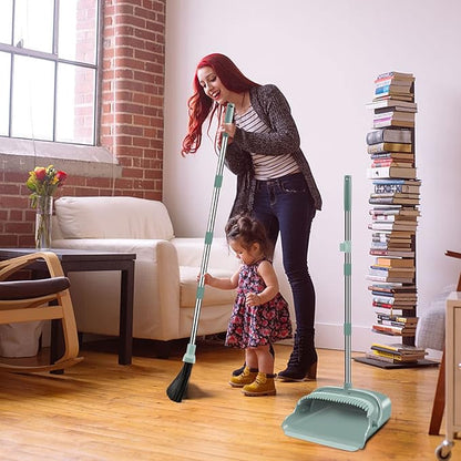 Upgrade Broom and Dustpan Set, Large Size and with Long Handle, Upright,Ideal for Indoor Outdoor Garage Kitchen Room Office Lobby Use (Green)