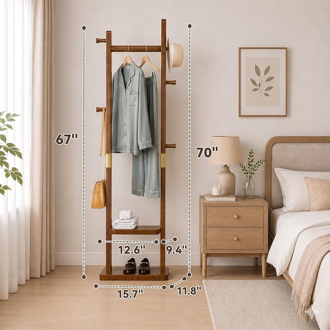 Taitiy Solid Wood Coat Rack, Freestanding Clothing Rack with 2 Shelves Storage & 5 Hooks, Heavy Duty Clothes Rack Stand for Hall, Bedroom, Living Room