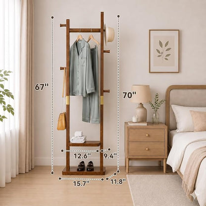 Taitiy Solid Wood Coat Rack, Freestanding Clothing Rack with 2 Shelves Storage & 5 Hooks, Heavy Duty Clothes Rack Stand for Hall, Bedroom, Living Room
