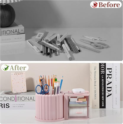 Anyoifax 360° Rotating Pen Holder 7 Slots Desk Organizer with Drawer Removable Pencil Cup Plastic Art Supplies and Accessories Desktop Storage Box Caddy for Office, School, Home (Pink)