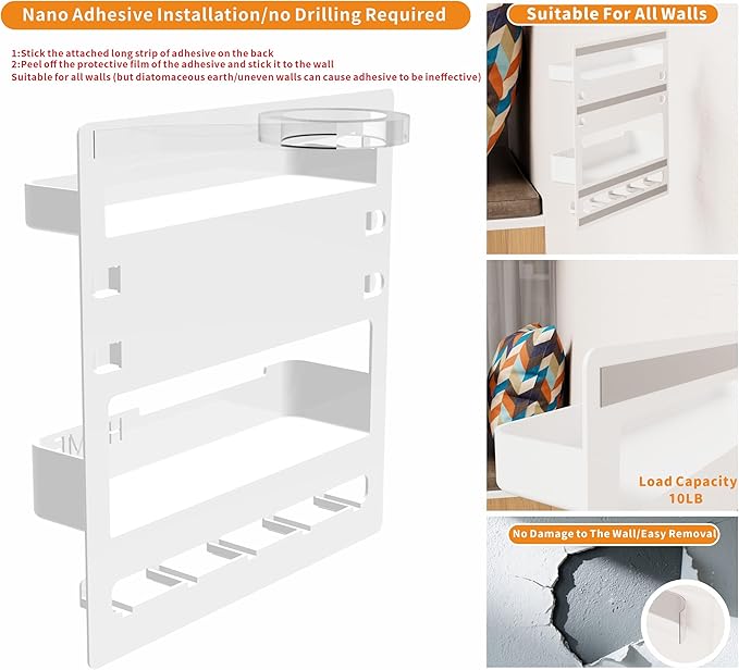 Yieach Bedside Wall Organizer for Dorm Bed,Rv,Small Room and Nightstand,Wall Mounted Floating Shelves and Bedside Shelf for Remote,Phone Holder,Charging Shelf,Cute Bedroom Decor for College Girl,White