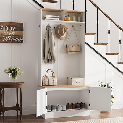 Entryway Hall Tree with Bench and Storage, 5-in-1 Farmhouse Coat Rack with 7 Hooks, Bench with Coat Rack with Storage Shelves for Hallway, Hallway, White