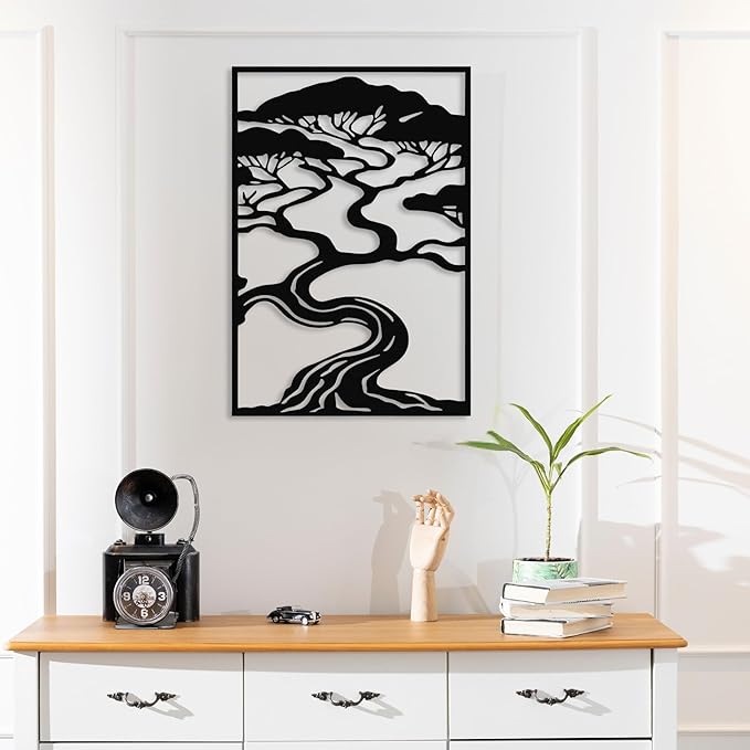 Bonsai Tree Metal Wall Art, Zen Nature Inspired Outdoor & Indoor Decor, Modern Framed Garden Wall Sculpture for Patio, Balcony, Living Room or Entryway (32×21 inches)