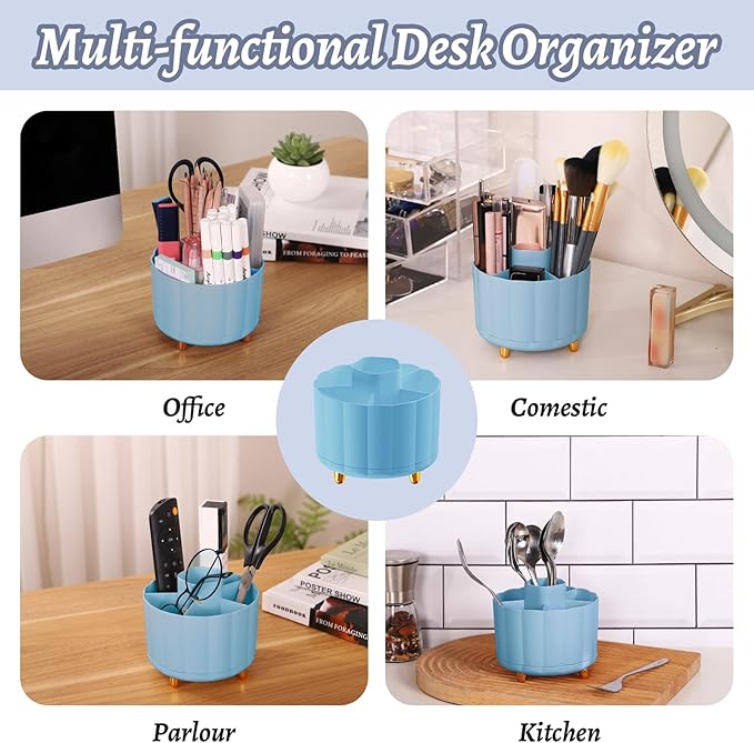 360 Degree Rotating Pen Holder for Desk, 6 Slots Desktop Organizer Caddy for Pens, Pencils, Markers, Multi-Functional Pencil Cup & Office Supplies Holder, Blue