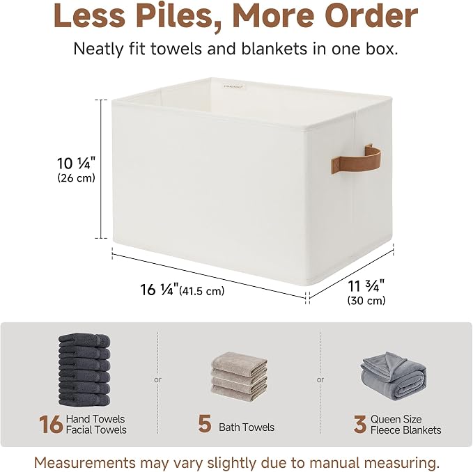 StorageWorks Foldable Storage Bins with PU Handles, Closet Storage Baskets, Fabric Bins for Clothes Storage, Ivory White, 3-Pack, Extra Large