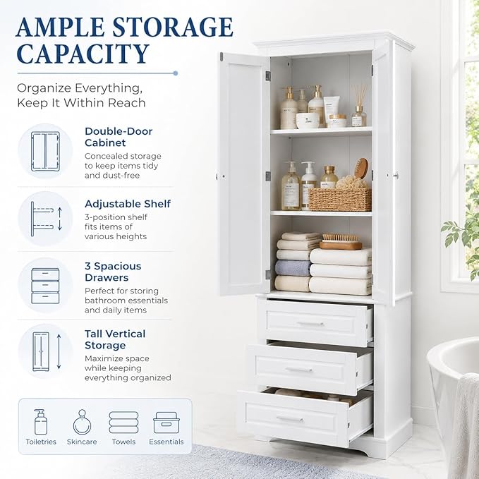 Storage Cabinet, Tall Bathroom Cabinet with Adjustable Shelf | Tall storage cabinet, upper enclosed cabinet and 3 pull-out compartments keep daily essentials organized