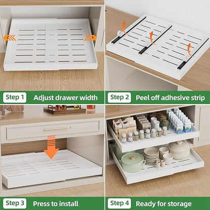 PAKETA 4 Pack Expandable Pull Out Cabinet Organizer, 21'' Deep Pull Out Drawers for Cabinet, Upgrade 3 Slide Rails Sliding Drawers for Cabinets with Adhesive Nano Film (White, 21"D X 15-26"W)