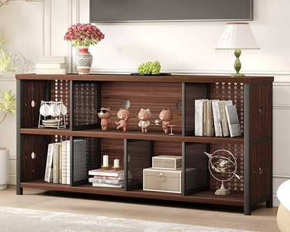 LVB Wood Horizontal Bookshelf, Industrial Long Bookcase Cube Shelf Organizer, Large Wide Low Wooden Metal Cube Book Shelf, Under Window Bookshelves for Office Bedroom Living Room, Walnut, 63 Inch