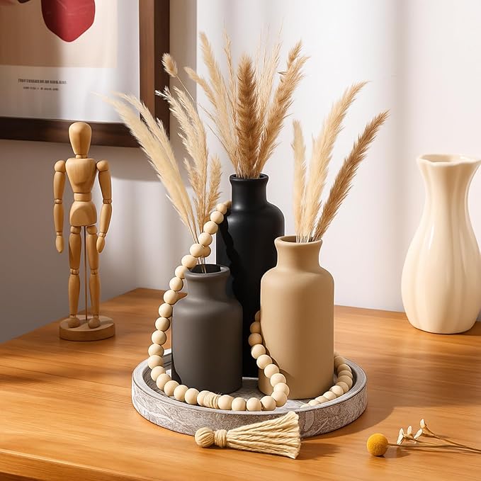 5 Pcs Rustic Country Tabletop Centerpieces Decor Set of 3 Boho Ceramic Vases with Wooden Serving Tray Wood Bead Garland Tassels Table Holder for Home Decorations (Dark Color)