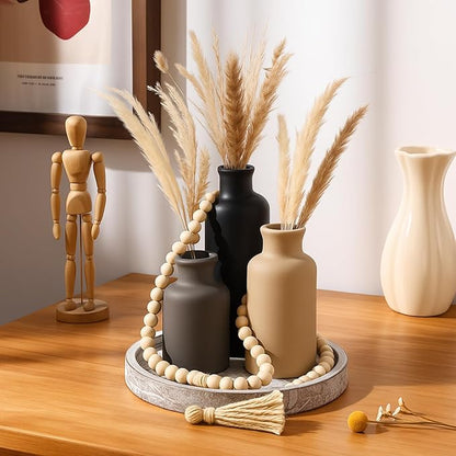 5 Pcs Rustic Country Tabletop Centerpieces Decor Set of 3 Boho Ceramic Vases with Wooden Serving Tray Wood Bead Garland Tassels Table Holder for Home Decorations (Dark Color)