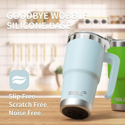 Travel Coffee Mug with Handle 16 oz Stainless Steel Double Wall Vacuum Insulated Tumbler Cup with Lid and Straw (Baby Blue)