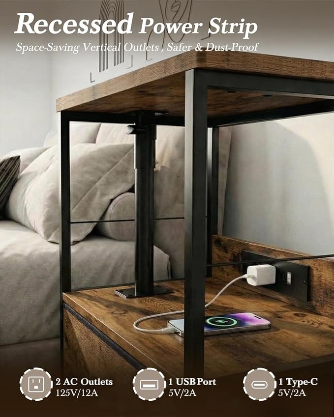 Faesun Swivel Lift Top Nightstand with Charging Station, Rolling Night Stand with Fabric Drawer, Adjustable Bedside Table for Bedroom, Living Room, Brown, Pro