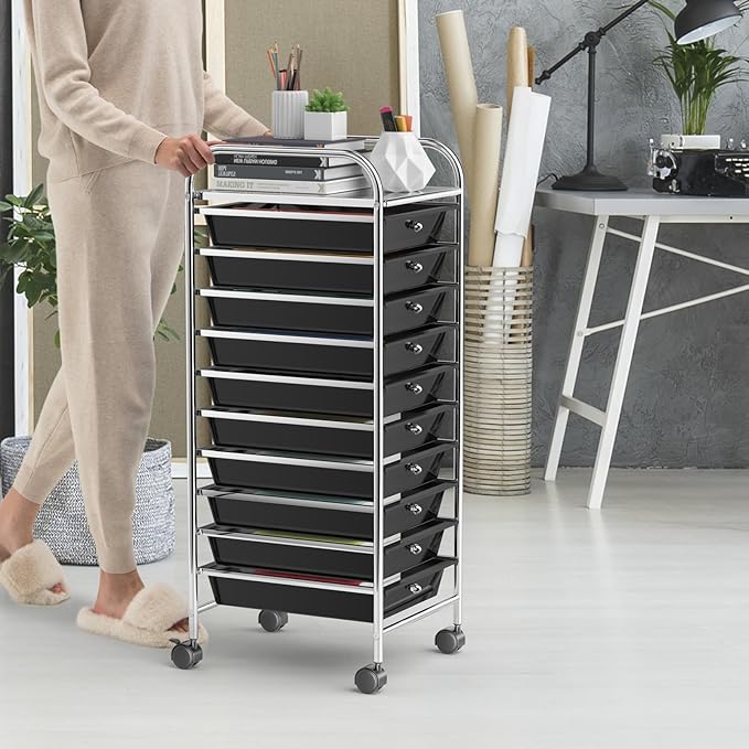 OFFICEJOY Storage Cart, Rolling Utility Cart with 10 Drawers, Portable Handles & Lockable Wheels, Mobile Paper Toys Storage Organizer Large Capacity for Home Office School Teacher (Black)
