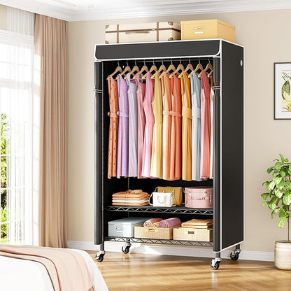 P6C Rolling Clothes Rack with Cover, Covered Clothing Racks Heavy Duty, Portable Closet for Hanging Clothes, Garment Racks on Wheels, Black Closet Rack with Black Cover, Max Load 365LBS
