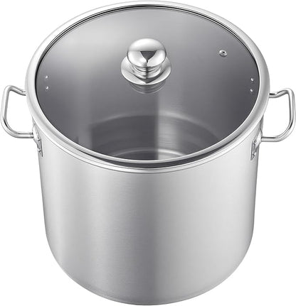 VEVOR Stainless Steel Stock Pot, 21-Quart Stainless Steel Stockpot with Glass Lid, PFOA-Free, PFAS-Free, Compatible with Gas Stoves, Induction Cooktops, Electric Stoves, for Soups, Stews, and Pasta