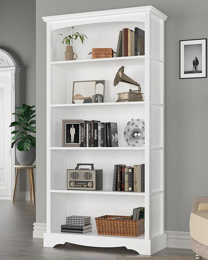 TVU 5-Tier Wooden Bookshelf, 65 Inch Tall Bookshelf with Storage, Floor Standing Modern Style Display Bookcase for Living Room, Office, Study Room, Entryway, White