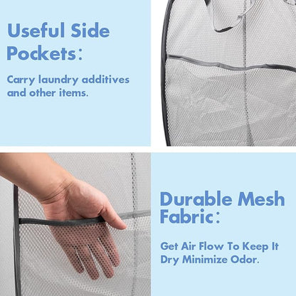 DUCOO Pop Up Laundry Hamper, 70L Collapsible Mesh Laundry Basket with Side Pocket, Foldable Dirty Clothes Hamper with Sturdy Reinforced Handles for Home Dorm Bedroom Travel Storage, Gray, 2Pack