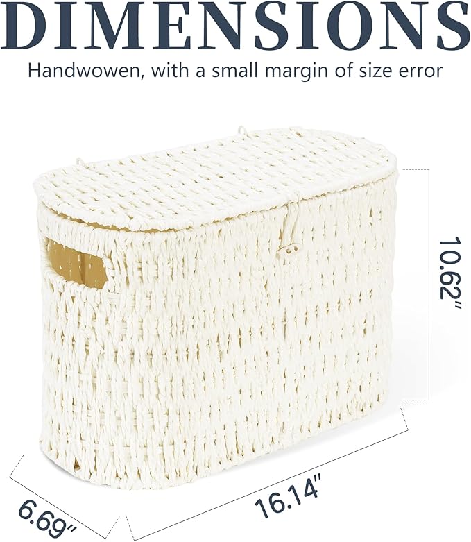 Coeusy Toilet Paper Storage Basket with Lid, Paper Rope Toilet Paper Holder for Up to 6 Mega Rolls, Wicker Basket for Bathroom Accessories Organizer, Boho Hand Woven Rattan Decorative Decor, White