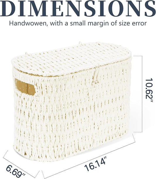 Coeusy Toilet Paper Storage Basket with Lid, Paper Rope Toilet Paper Holder for Up to 6 Mega Rolls, Wicker Basket for Bathroom Accessories Organizer, Boho Hand Woven Rattan Decorative Decor, White