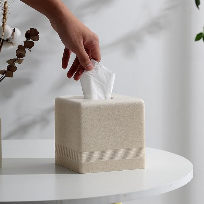 Haocoott Tissue Box Cover Square, Resin Facial Tissue Holder Covers Cube Toilet Paper Holder Case Dispenser Home Decorative for Bathroom Kitchen Bedroom Living Room Office (Beige)