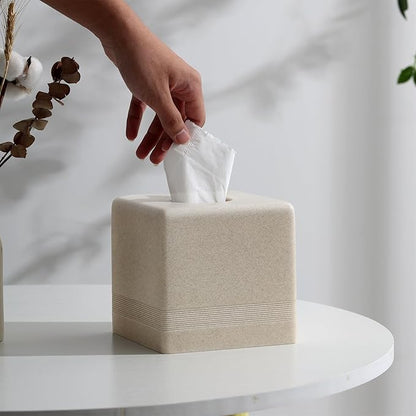 Haocoott Tissue Box Cover Square, Resin Facial Tissue Holder Covers Cube Toilet Paper Holder Case Dispenser Home Decorative for Bathroom Kitchen Bedroom Living Room Office (Beige)