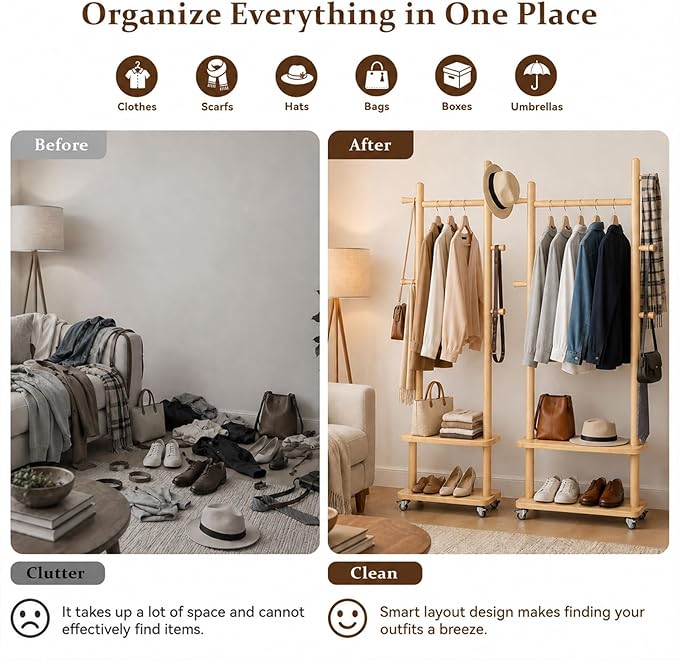 Taitiy Coat Rack Freestanding Clothing Rack with Wheels & 2 Shelves Storage & 5 Hooks Heavy Duty Clothes Rack Wood Coat Tree Stand Hat Hanger Rack for Corner Bedroom Entryway Living Room Hotel Size L