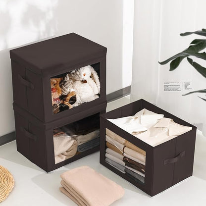 Homsorout Stackable Storage Bins with Lids - Large Storage Box with Lids, Foldable Closet Boxes for Organizing, Wardrobe Clothes Organizer with Window, Cubes Bins for Living Room, 3 Pack, Brown