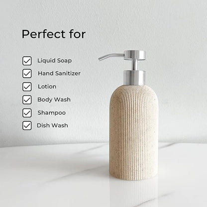 Lunestella Sand Beige Hand Soap Dispenser with Stainless Steel Pump, for Bathroom and Kitchen, Luxury Farmhouse, Boho & Zen Style, Sandstone Finish, Rust Proof, 7oz