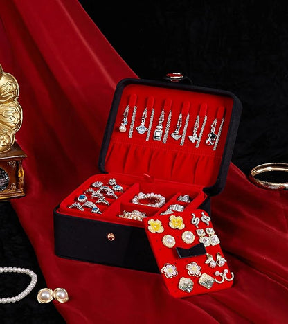 Homde Jewelry Box Small for Women: Ring Earring Organizer Storage for Dresser - Necklace Bracelets Holder with Multi Compartments(Black + Red)
