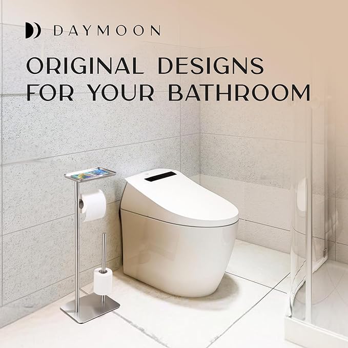 Day Moon™ - Toilet Paper Holder - Modern Roll Holder for Bathroom - 1 Pack - Free Standing - with Shelf, Brushed Nickel