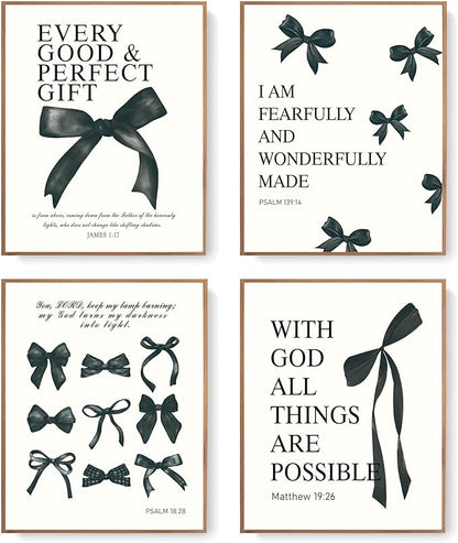 LARTSFRO Coquette Black Bow Bible Wall Art Decor Posters, Black Bow Room Bedroom Bathroom Dorm Wall Art Decor Aesthetic for Teen Girls Gifts, Inspirational Bible Verses Bow Wall Decor, 12x16 Inch Set of 4 Pcs Bow Pictures (UNFRAMED)