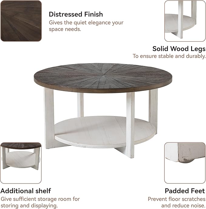 LONYKE Round Wood Coffee Table with Distressed Finish Top, Two-Tone Living Room Table with Lower Storage Shelf, Farmhouse Center Table, Large Circle, Brown and White