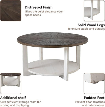 LONYKE Round Wood Coffee Table with Distressed Finish Top, Two-Tone Living Room Table with Lower Storage Shelf, Farmhouse Center Table, Large Circle, Brown and White