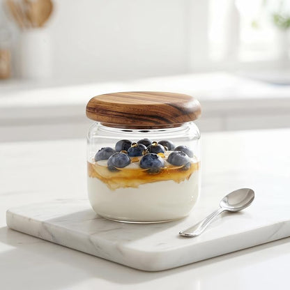 4-Pack 10 fl oz Wide Mouth Mason Jars with Spoon & Labels, Acacia Wood Lids, Press Seal, No Plastic, for Food, Snacks, Candy, Fruits, Coffee Beans, Spices & Dry Storage, Pantry Organizer.