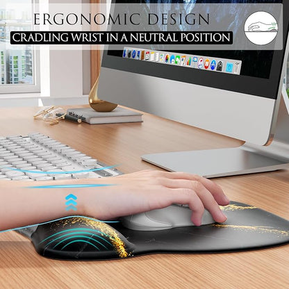 MROCO Ergonomic Mouse Pad with Gel Wrist Rest, 9.4 x 8.1 in, Black Gold | Ergonomic Shape Design, Multiple Pattern Options, Gel Wrist Comfort, Smooth Lycra Surface, Non-Slip PU Base