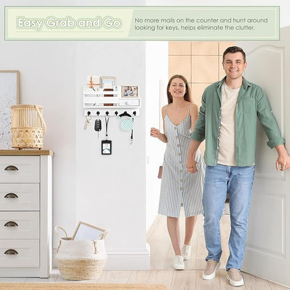 VIS'V Key Holder Wall Mount, Wooden Mail and Key Organizer with Drawer and Shelf, 2 Slots, 6 Hooks, White