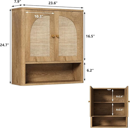 RUSTOWN Rattan Bathroom Wall Cabinet, Over The Toilet Storage Cabinets with 2 Arched Doors, Modern Medicine Cabinet with Adjustable Shelf & Rounded Edges, Mid-Century Bathroom Organization