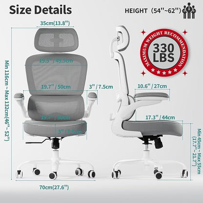 TRALT Ergonomic Office Chair - Desk Chair with Adjustable Headrest Lumbar Support Computer Chair - Mesh Comfy Chair with Flip-up Armrests - Gaming Chairs for Adults Home Office (Leather, Grey)