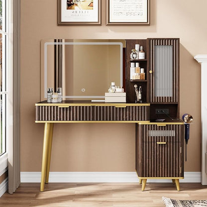 QUW Fluted Makeup Vanity Desk with Mirror and Lighits, 48" Modern Glass Top Vanity Table with Charging Station, Vanity Mirror with Adjustable Brightness, Dressing Table for Bedroom, Dark Walnut