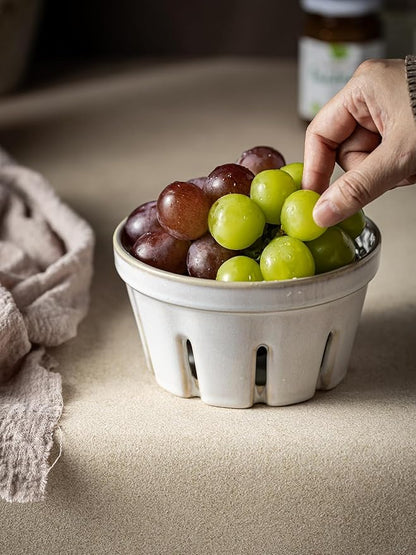 Gomakren Fruit Basket for Kitchen, Fruit Bowl with Holes, Ceramic Berry Basket Set of 2, 5.8 Inch Round Berry Containers Colander - Farmhouse Kitchen Decor, White