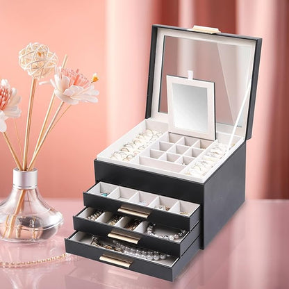BOOVO Clear Lid Jewelry Box,4 Layers Jewelry Organizer Large Jewelry Storage Box with 3 Drawers,Jewelry Holder Organzier of Rings Earrings Necklace Bracelets for Women (Black, 4 Layer)