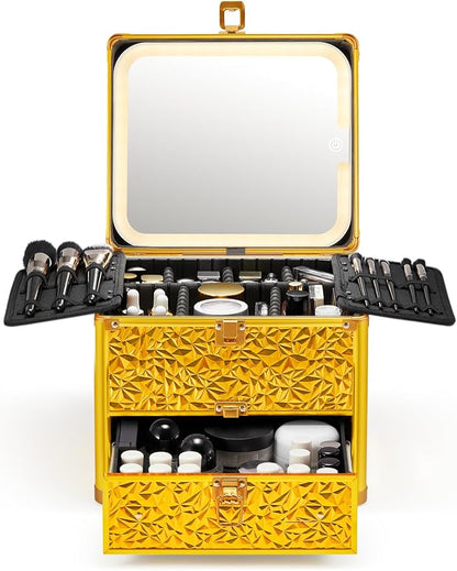 Qislee Makeup Box with Drawer and A Detachable Lighted Mirror, Waterproof Travel Train Case, Cosmetic Organizer and Makeup Suitcase with Adjustable Dividers, Magnetic LED Mirror (Luxury Gold)