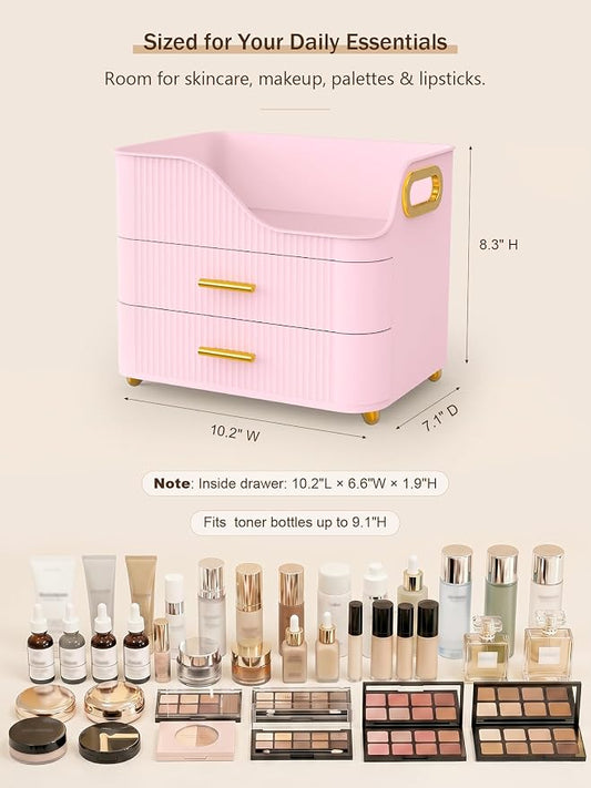 Booklov Countertop Makeup Organizer with Drawers, 3 Tier Large Cosmetic Storage Caddy for Vanity, Bathroom Counter, Dresser, Skincare Display Case for Lipsticks, Beauty Palettes, Teen Girl Gifts, Pink