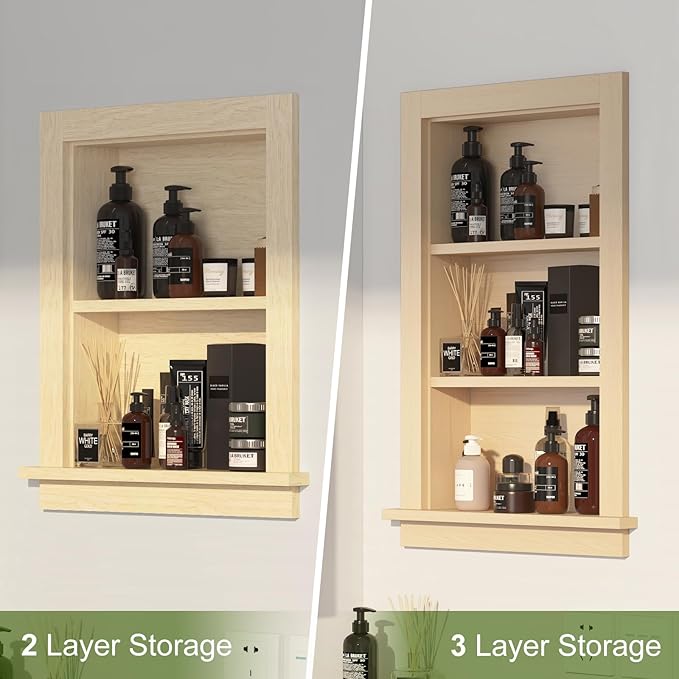 Recessed Medicine Cabinet Inset,Bathroom Wall Niche Insert for Drywall,14x18 Bathroom Medicine Cabinet Shelf Wood Replacement,in Wall Cabinet with Storage for Restaurant,Imitation Natural